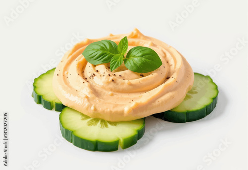 Swirl of orange dip atop cucumber slices and basil sprig
