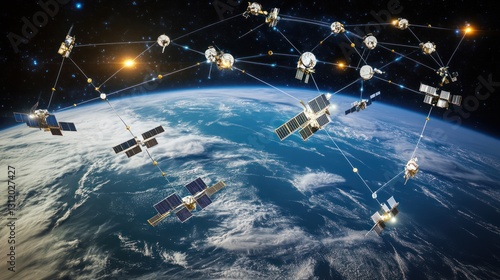 Fototapeta Naklejka Na Ścianę i Meble -  Multiple satellites in orbit around a vibrant blue and white planet