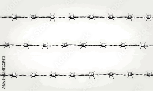 Three rows of dark barbed wire on white