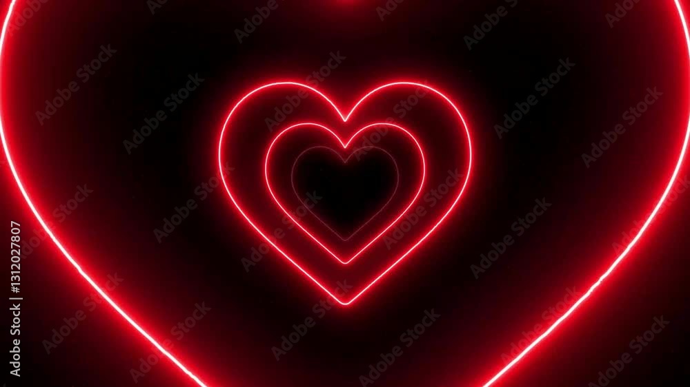 Bright glowing endless heart tunnel in the Universe. Red hearts on dark background with rose gold shiny stars. Streaming background. Romantic hearts, saint Valentine's Day animation.