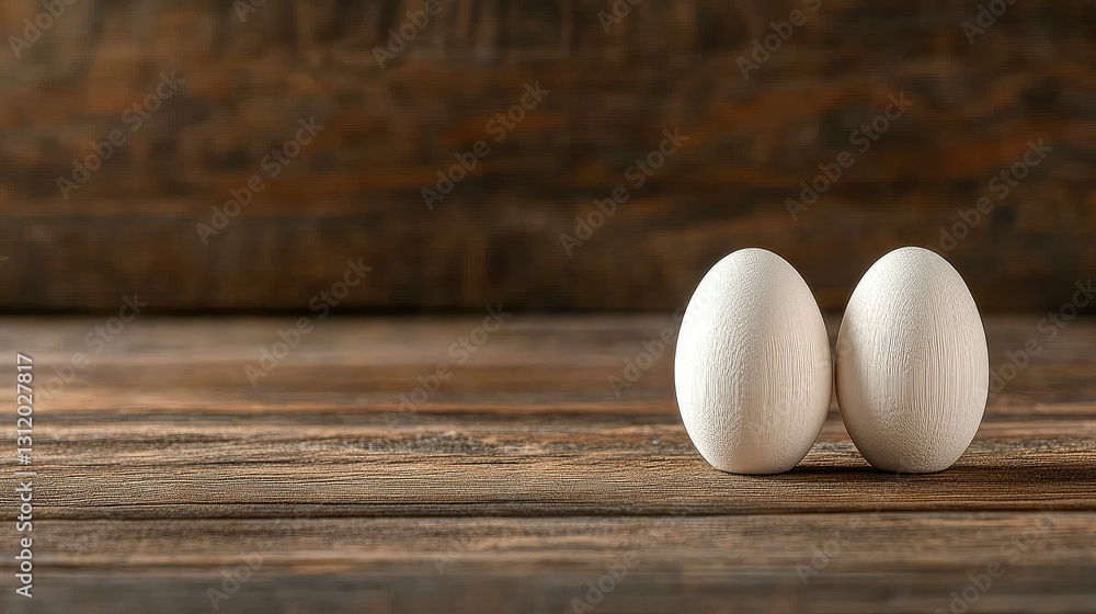 Two White Eggs on Rustic Wooden Surface Two White Eggs on Rustic Wooden Surface