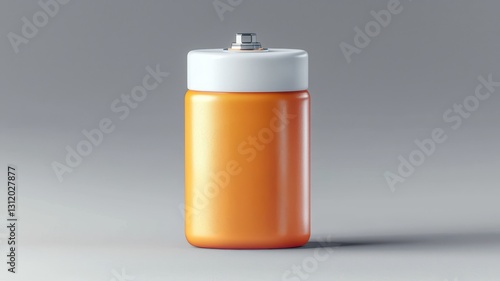 Battery fire. Bright orange battery with a white top on a gray background.