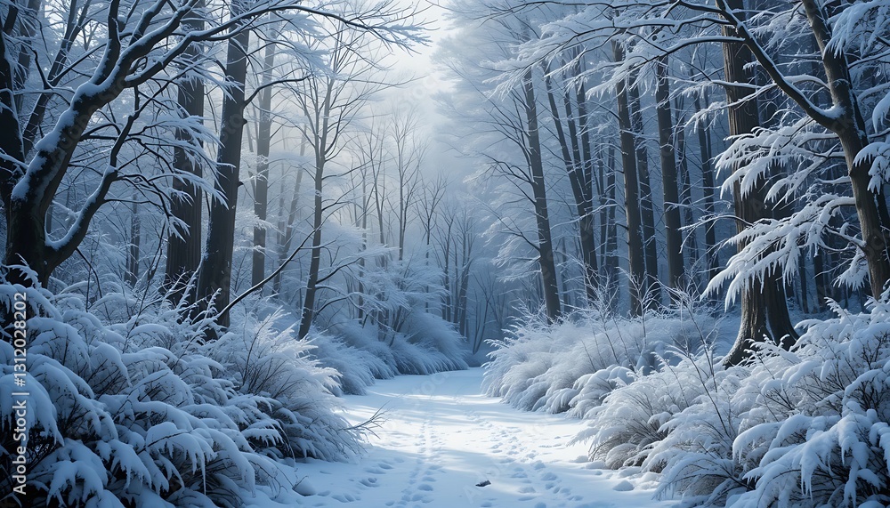 Naklejka premium Walking on Snowy Trail Through a Winter Forest Landscape Scene