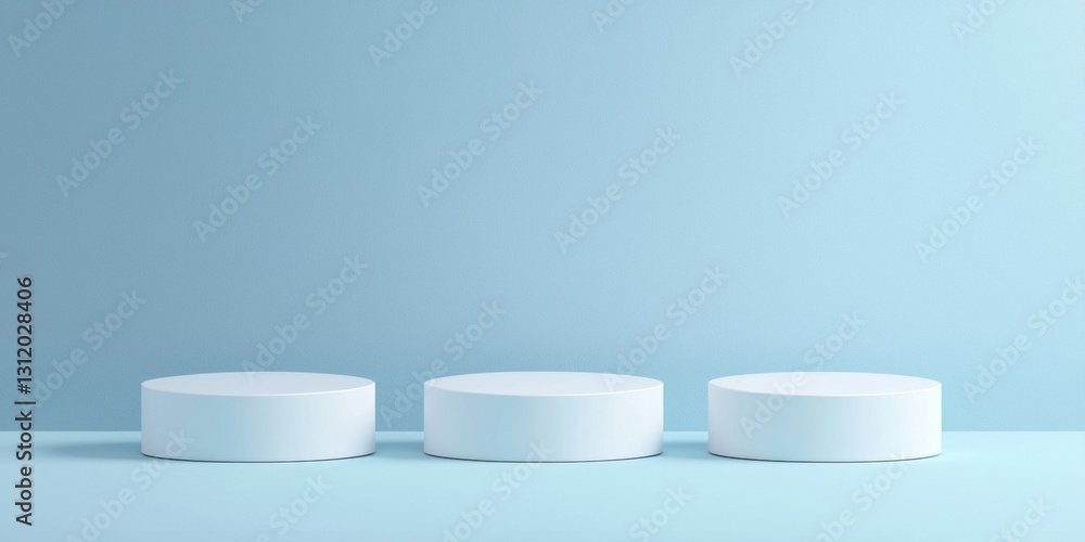 Minimalist Blue Background with Three White Cylindrical Display Stands for Product Presentation Minimalist Blue Background with Three White Cylindrical Display Stands for Product Presentation