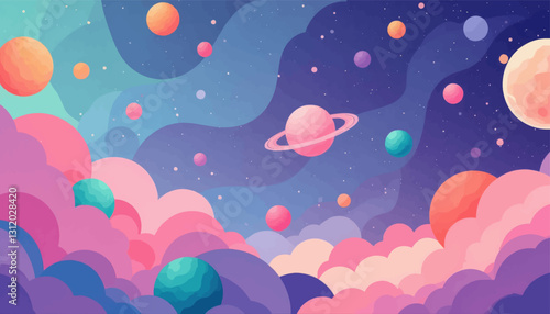 Vibrant pixel art of planets and pastel clouds in space
