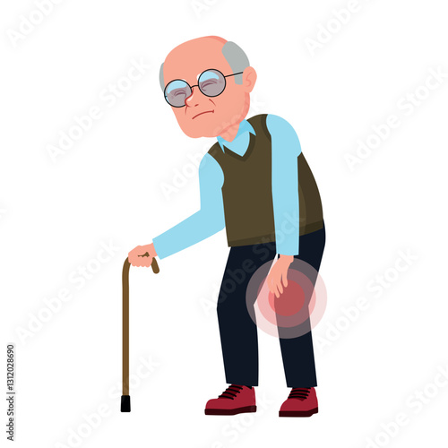 Elderly man with knee pain standing with cane. Grandfather with knee pain. Osteoarthritis in an elderly person