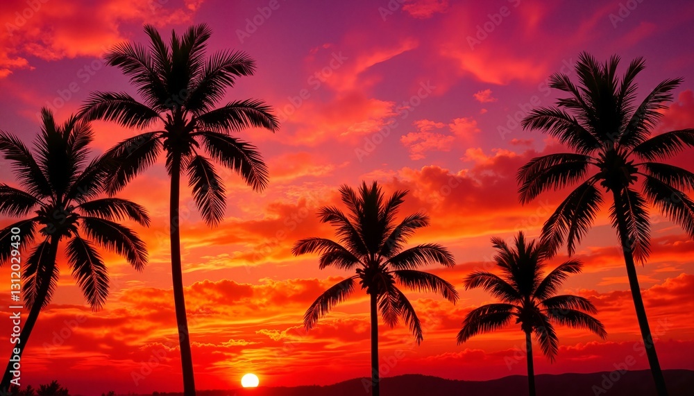 Vivid sunset silhouettes of palm trees, nostalgic summer vibes Vivid sunset silhouettes of palm trees, nostalgic summer vibes