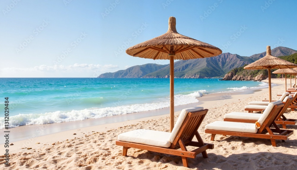 Sun loungers under straw umbrellas on tranquil beach, summer relaxation Sun loungers under straw umbrellas on tranquil beach, summer relaxation