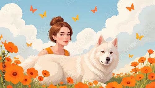 Woman with white dog in floral meadow, butterflies fly around