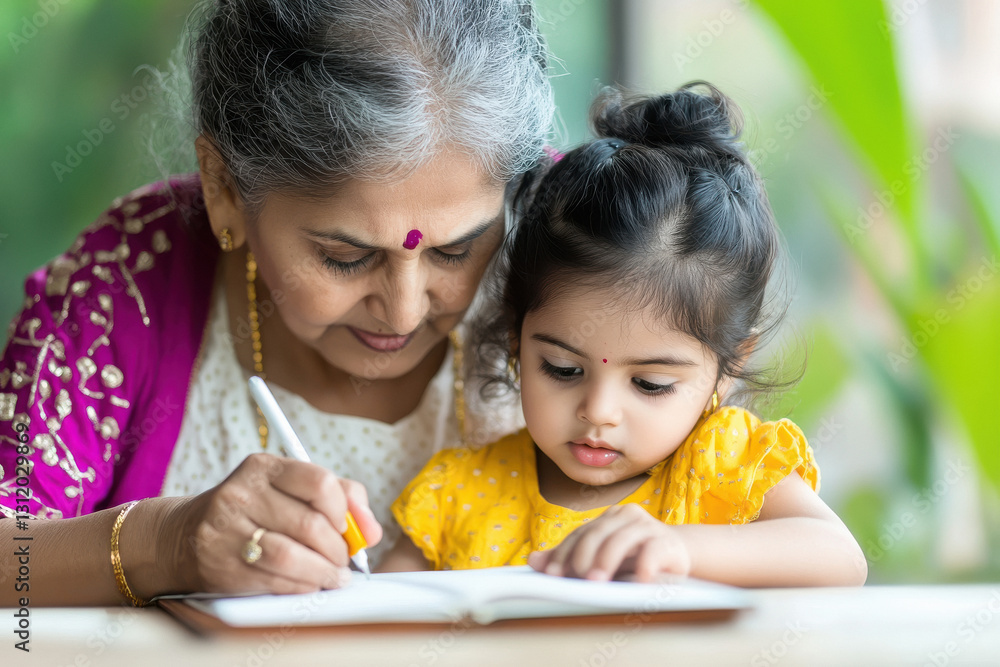 cute Indian little child girl studying with grandma cute Indian little child girl studying with grandma