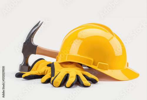 Yellow hard hat, gloves, and hammer on white background
