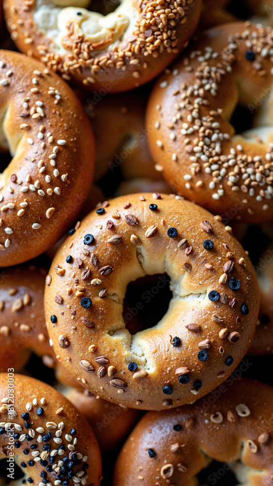 Vibrant Assorted Bagels: A Full-Frame Background for Culinary Blogs, Menus, and Food Promotions Vibrant Assorted Bagels: A Full-Frame Background for Culinary Blogs, Menus, and Food Promotions