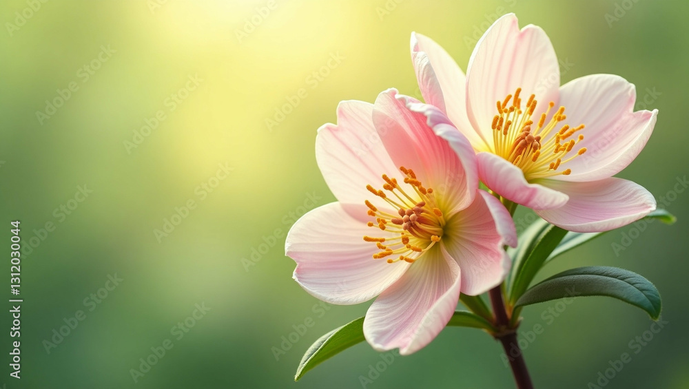 Delicate pink blossoms with golden centers against a dreamy light gradient Delicate pink blossoms with golden centers against a dreamy light gradient