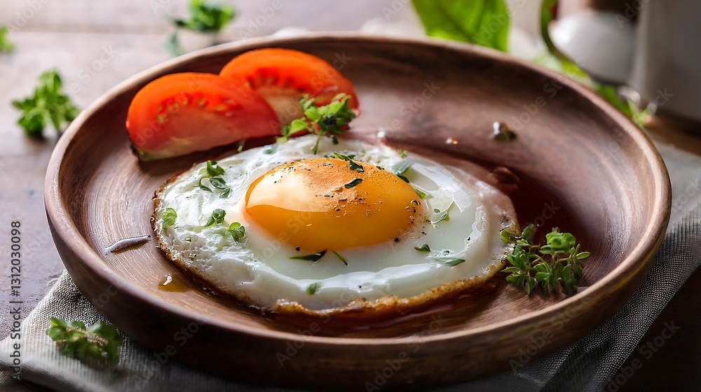 Sunny-Side-Up Breakfast: A beautifully cooked sunny-side-up egg sits on a rustic wooden plate, accompanied by fresh tomato slices and herbs. Sunny-Side-Up Breakfast: A beautifully cooked sunny-side-up egg sits on a rustic wooden plate, accompanied by fresh tomato slices and herbs.