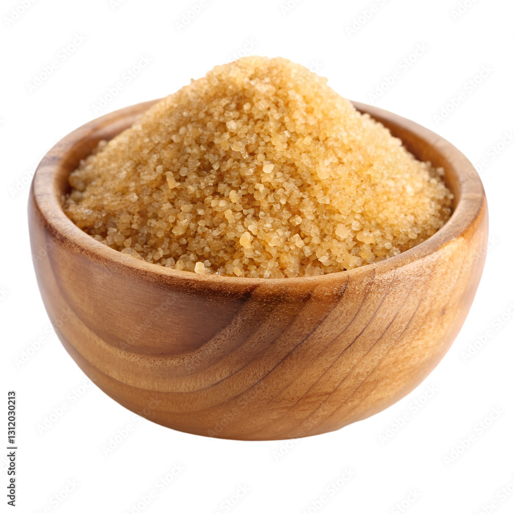Brown sugar in wooden bowl isolated on transparent background Brown sugar in wooden bowl isolated on transparent background