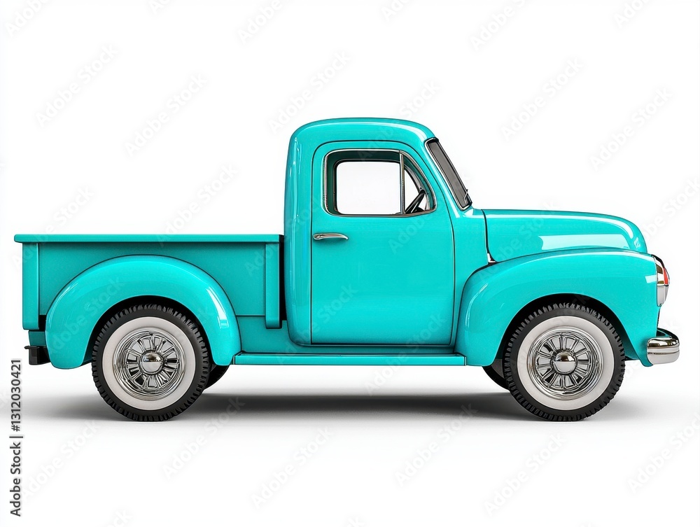 Captivating teal pickup truck with round headlight displaying side profile against clean white background for effective showcase Captivating teal pickup truck with round headlight displaying side profile against clean white background for effective showcase