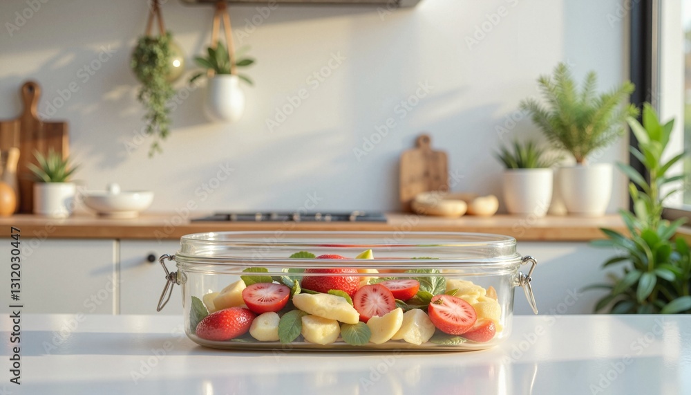 Fresh fruit salad in clear container on kitchen counter, vibrant health Fresh fruit salad in clear container on kitchen counter, vibrant health