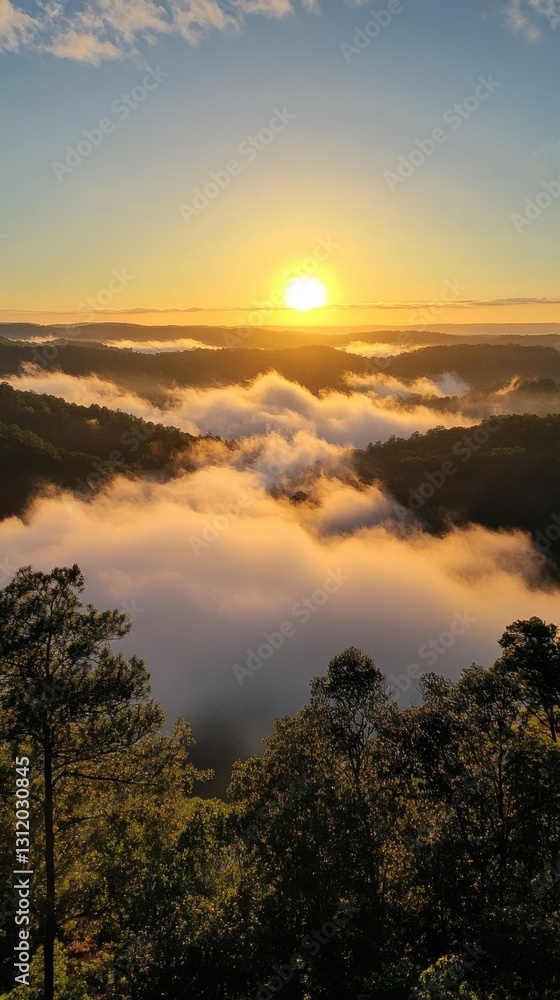 Rolling fog over forested hills at sunrise, misty early morning landscape. Vertical Rolling fog over forested hills at sunrise, misty early morning landscape. Vertical