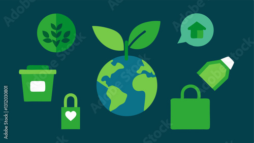 Sustainable Symbols A collection of icons representing green shopping including a recycling symbol a leaf and the Earth with a background of thrifted items.