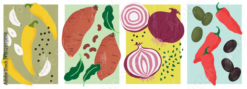 Vegetables Illustrations Set - yellow peppers, sweet potatoes, spinach leaves, garlic cloves, black pepper, red onion, red beans, green and black olives, red chili peppers