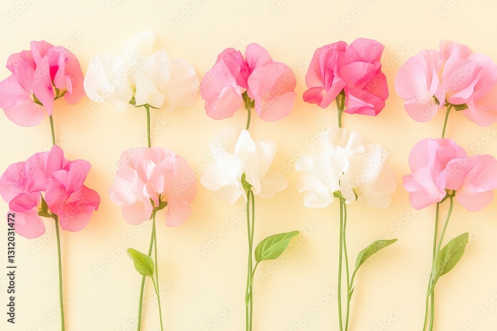 sweet peas arranged in a pattern on a pastel yellow background. Spring, summer concept. sweet peas arranged in a pattern on a pastel yellow background. Spring, summer concept.