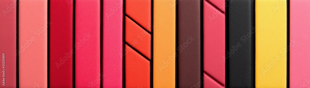 Fototapeta premium Abstract image featuring vertical stripes in various shades of red, orange, yellow, black, and pink. The texture appears slightly grainy.