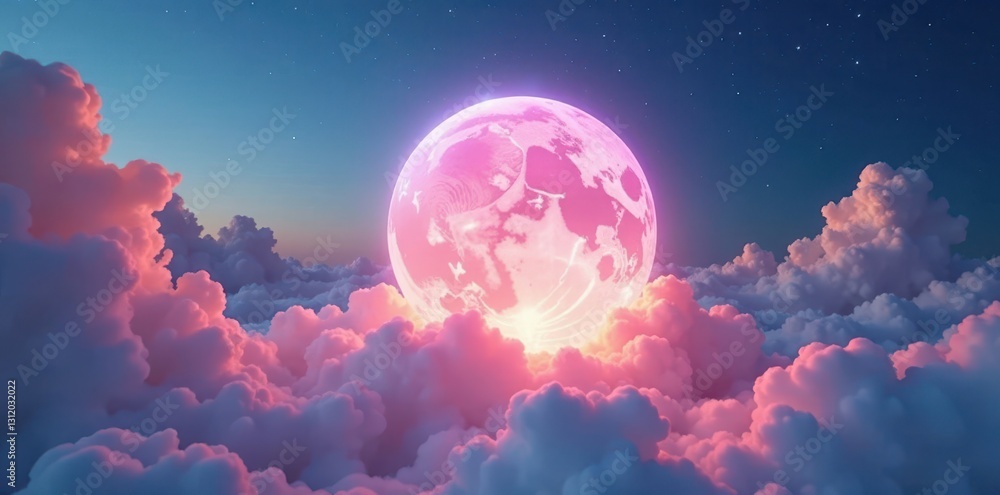 Fototapeta premium Floating luminescent sphere, pastel cloudscape, background, colorful