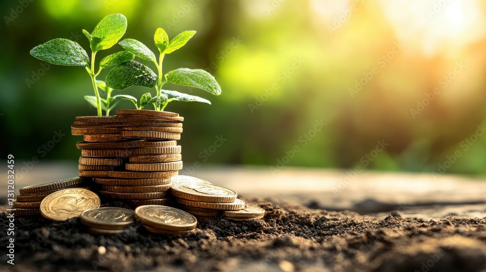 Growing Money Saplings Sprouting from a Stack of Coins in Soil Growing Money Saplings Sprouting from a Stack of Coins in Soil