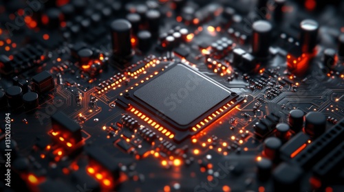 Close-up of Illuminated Microchip on Circuit Board - High-Tech Technology Background