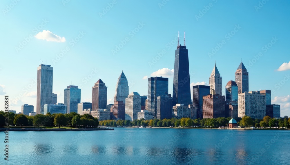 Fototapeta premium Iconic Cleveland skyline, day view, clear sky, panorama, Ohio cityscape