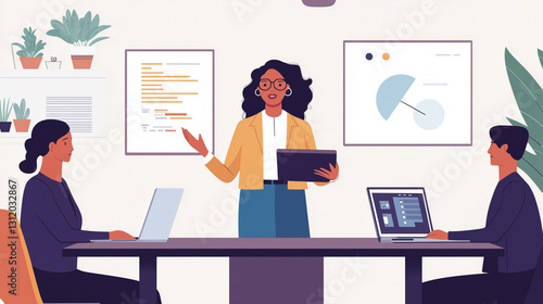 Digital illustration of a confident businesswoman presenting her work to colleagues in a modern office. Teamwork, leadership and professional communication in a collaborative environment.