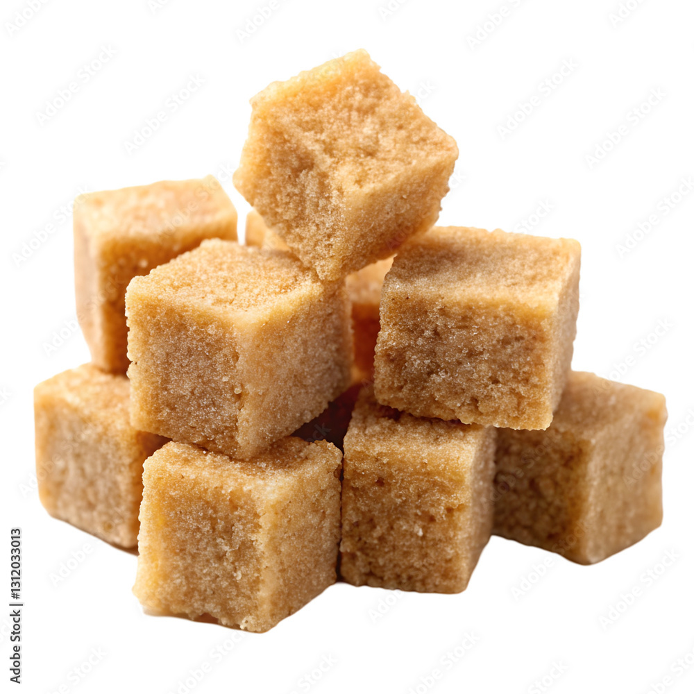 Golden brown sugar cubes isolated on transparent background Golden brown sugar cubes isolated on transparent background