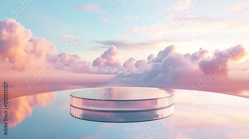 Serene Pink Sky Cloudscape with Reflective Glass Platform Minimalist Product Display Background