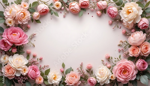Wallpaper Mural Floral Frame with Pink Roses and Leaves for Invitations or Greetings Torontodigital.ca