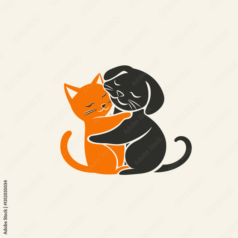 Fototapeta premium Logo of a dog hugging a cat, minimalistic vector style,