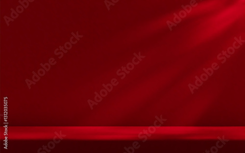 Red studio room wall, illuminated by sunlight through foliage with tabletop. Product presentation template.