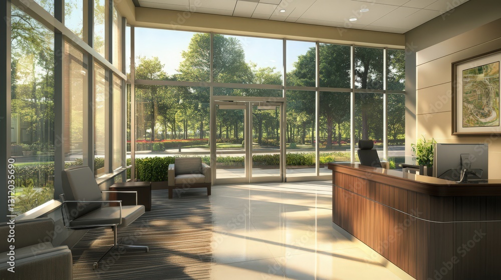 Serene and inviting office reception area filled with natural light ambiance Serene and inviting office reception area filled with natural light ambiance