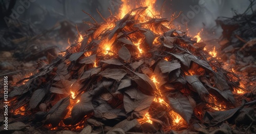 Large pile of burning dry leaves and twigs with a smoldering center, crackling flames, smoke rising, dry leaves