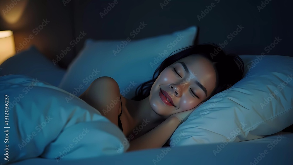 happy person sleeping in bed at night happy person sleeping in bed at night