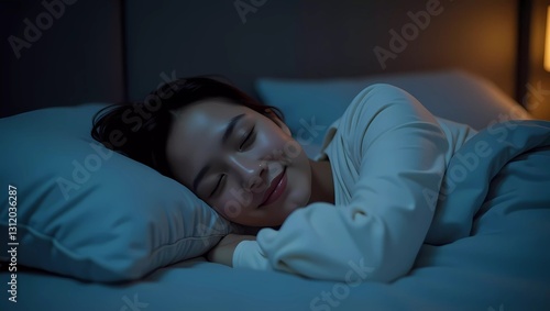 happy person sleeping in bed at night