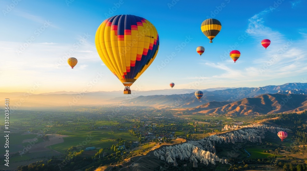 Obraz premium A hot air balloon festival over a valley.