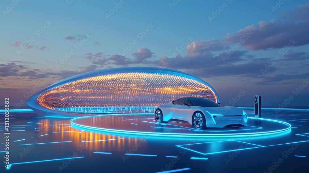 Obraz premium A hybrid vehicle charging at a futuristic eco-friendly station.