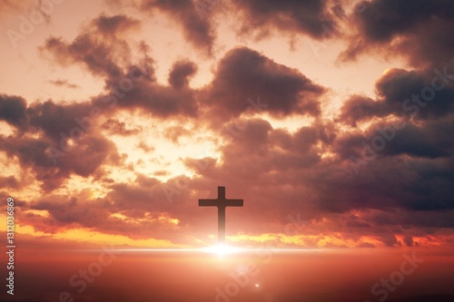 Cross at beautiful sunset, christianity and religion concept