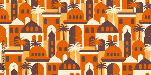 Eid Mubarak, Ramadan Kareem concept middle eastern, islamic city or village scene seamless pattern: Arabic style background