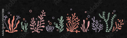 Sea coral and plants drawn with crayon pencils. Set of bright underwater marine reef elements on school chalkboard. Color crayon doodle icons of ocean seaweed, vector illustration on grunge background