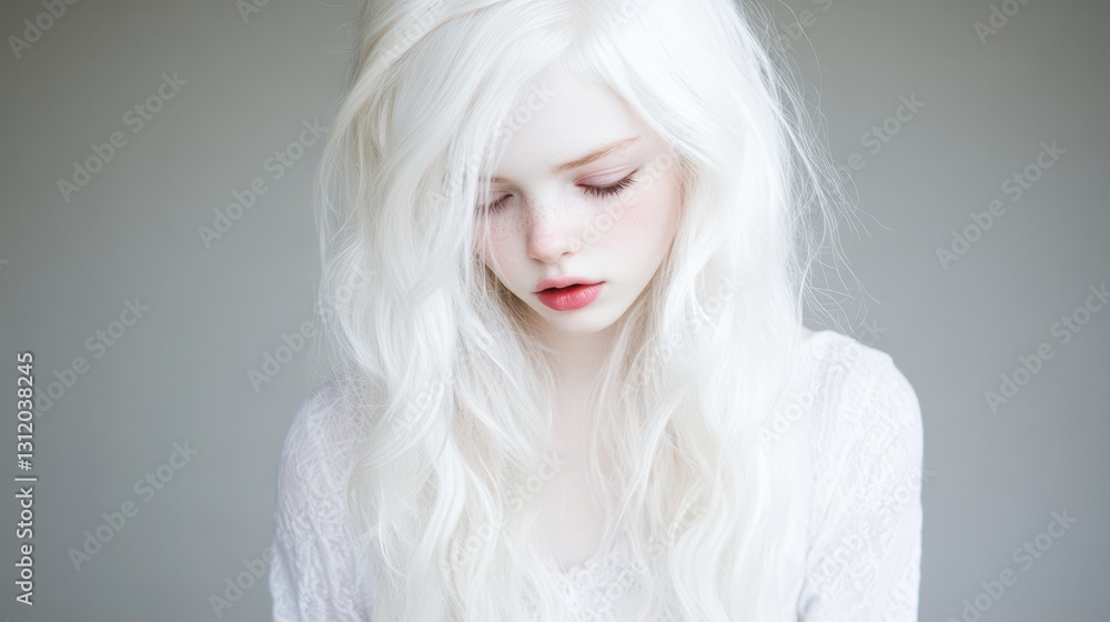 Serene Beauty: A captivating portrait of a fair-skinned woman with long, flowing platinum blonde hair, her gaze softly lowered, evoking a sense of introspection and gentle beauty. Serene Beauty: A captivating portrait of a fair-skinned woman with long, flowing platinum blonde hair, her gaze softly lowered, evoking a sense of introspection and gentle beauty.