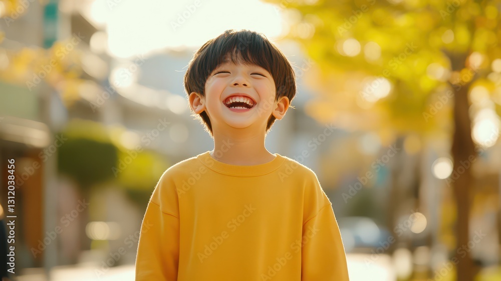 Fototapeta premium Pure Joy: A young boy, his eyes crinkling with pure, unadulterated laughter. The scene captures the carefree spirit and infectious joy of youth, bathed in soft.