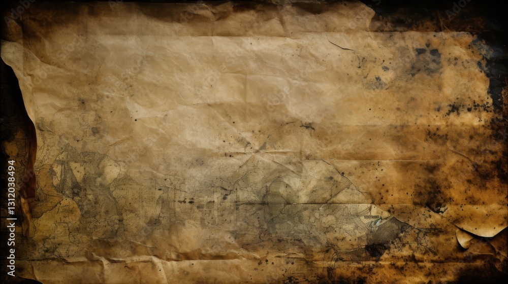 A distressed old paper with dark blotches, visible folds A distressed old paper with dark blotches, visible folds