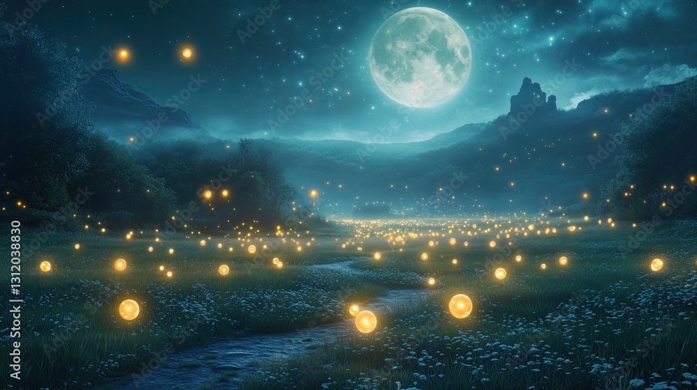 Fototapeta premium Magical night scene with glowing fireflies.