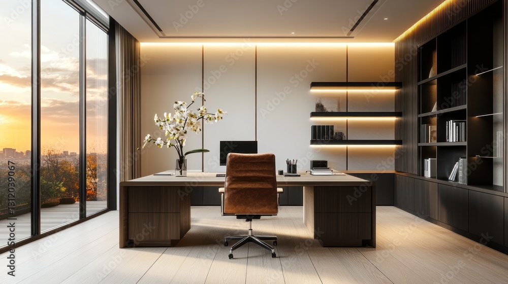 Fototapeta premium Modern executive office with city views, ideal for presentations or work from home